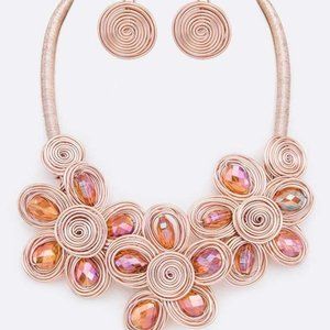 Women's Rosegold Bead Accented Wire Floral Necklace Set